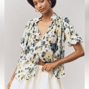 Anthropologie Floral Blouse - Green, Blue, Cream